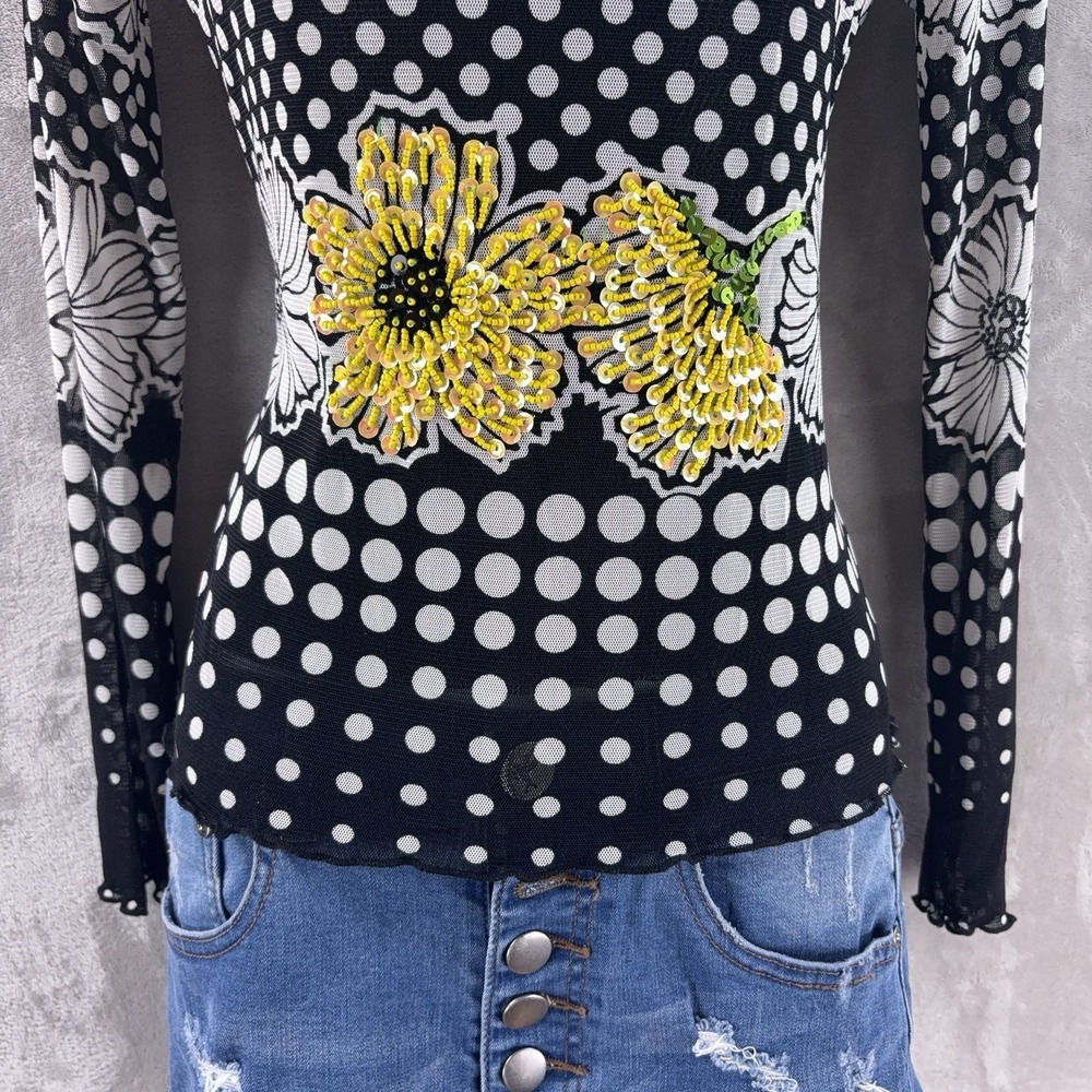 CACHE Mesh Blouse Womens Size Small Black White Polka Dot Sequin Floral Y2K - Picture 4 of 8